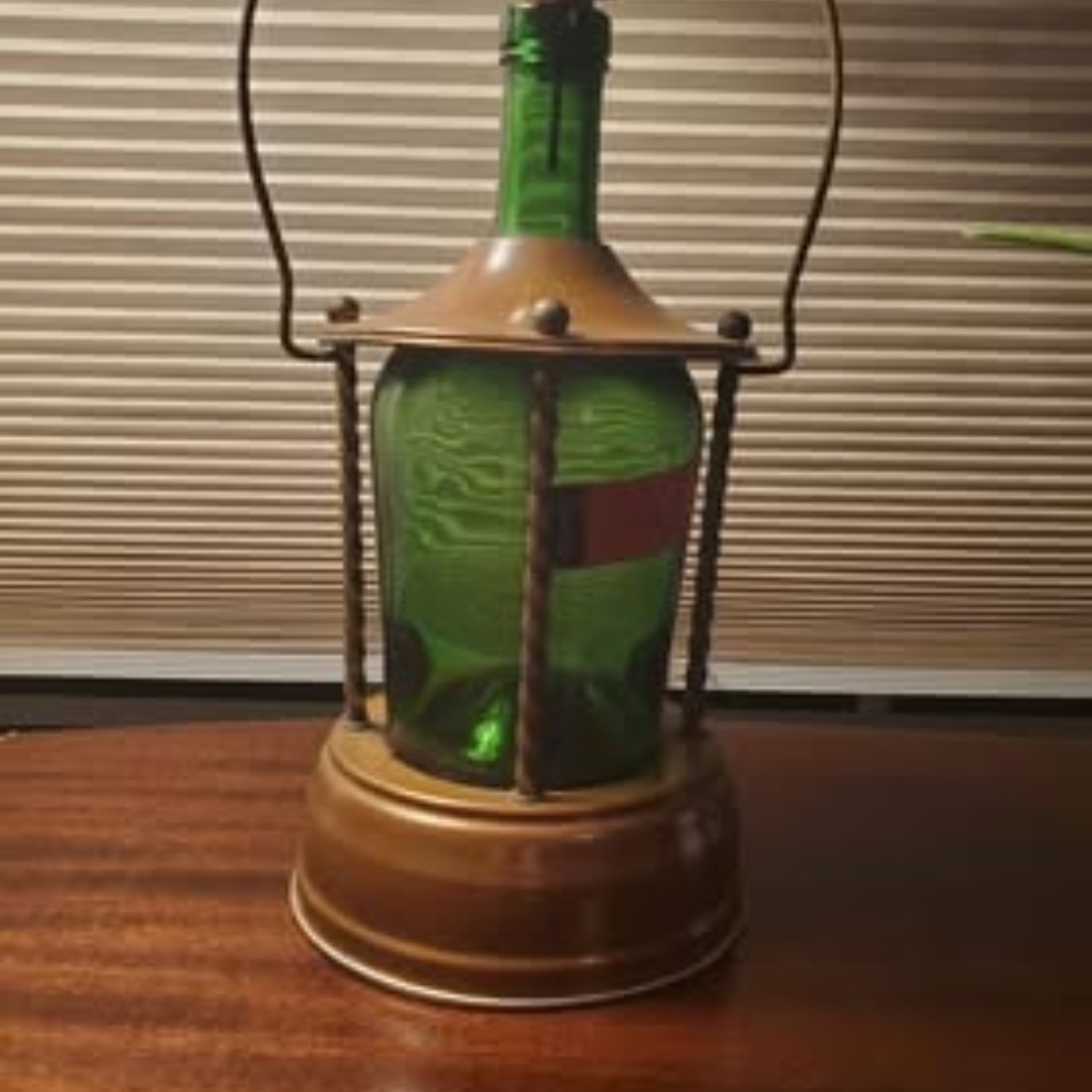 Vintage Green Glass Bottle with Copper Holder